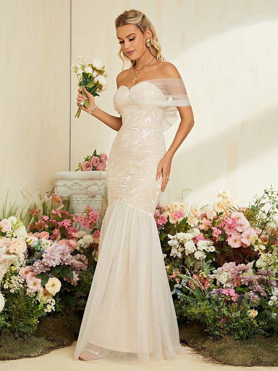 Off Shoulder Mermaid Hem Mesh Wedding Dress Mermaid Dress - White - View 1