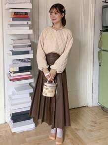 FRIFUL High Waist PU Leather Pleated Skirt - Coffee Brown - View 4