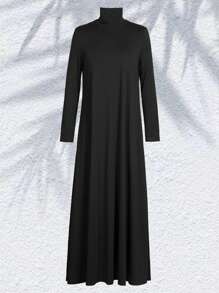 素色高領長洋裝