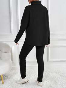 SHEIN Maternity Turtleneck Batwing Sleeve Tee & Adjustable Waist Leggings, For Winter - Black - View 2