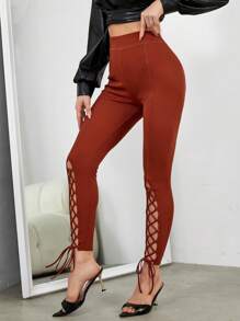 SHEIN Essnce Lace Up Front Leggings - Brown - View 6