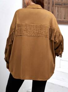 EMERY ROSE Plus Fringe Trim Drop Shoulder Jacket - Brown - View 2
