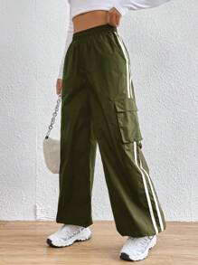 SHEIN EZwear Contrast Tape Side Flap Pocket Side Cargo Pants - Army Green - View 2