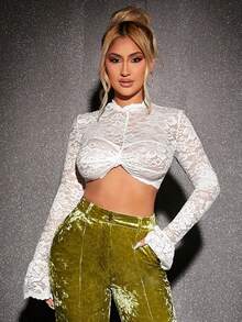 SHEIN SXY 小高領荷葉袖胸部褶皺短款蕾絲上衣 - 白色 - 查看 3