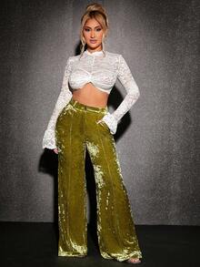 SHEIN SXY 小高領荷葉袖胸部褶皺短款蕾絲上衣 - 白色 - 查看 5