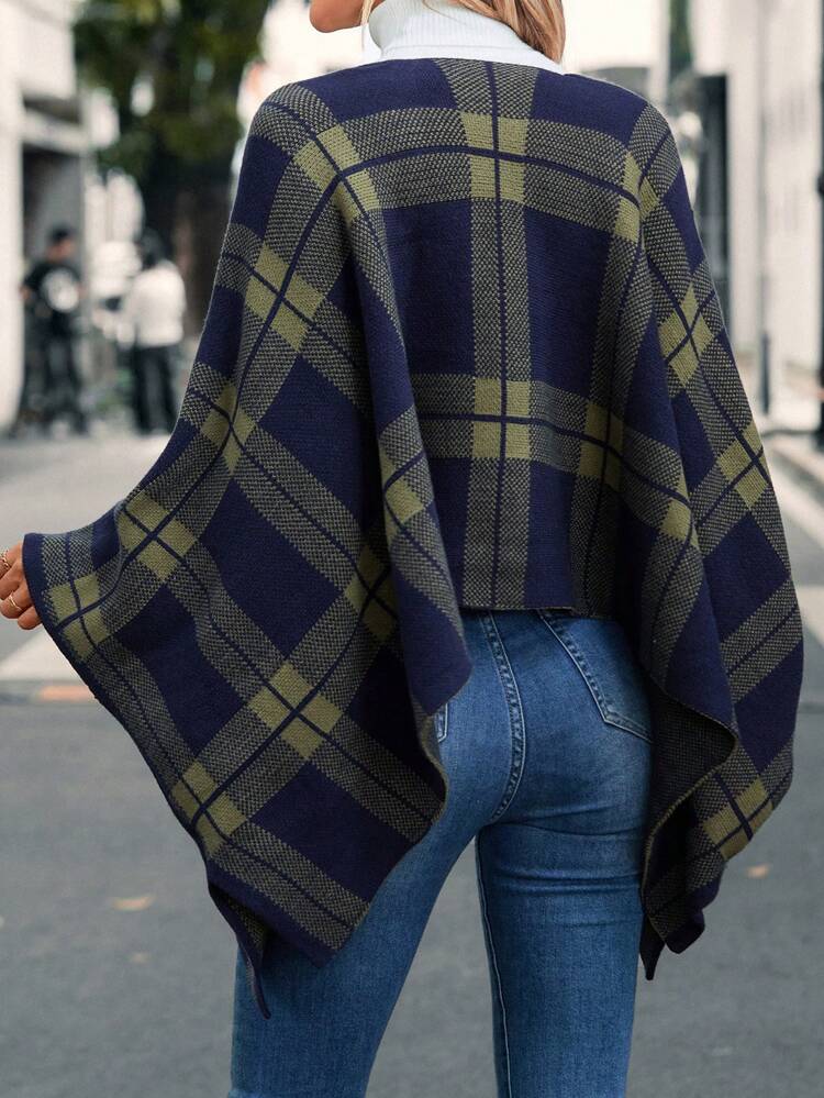 Plaid Pattern Batwing Sleeve Open Front Cape Cardigan