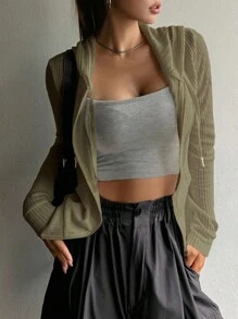DAZY Dây kéo Dây rút áo có mũ Áo len crop - xanh quân đội - Xem 3