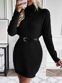 EMERY ROSE 高領蝙蝠袖毛衣洋裝不附腰帶 - 黑色 - 查看 3