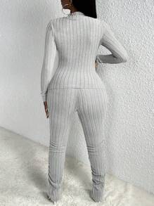 Slaydiva Slayr Casual Home Small Turtleneck Long-Sleeved Rib Knitted T-Shirt And Slit Pleated Trousers Grey Brushed Ribbeds Women's Bodycon Two-Piece Set - Light Grey - View 2