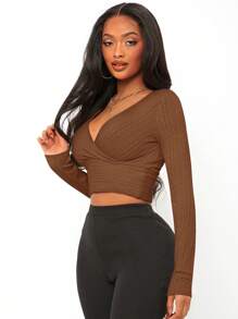 SHEIN SXY Surplice Neck Crop Tee - Brown - View 5
