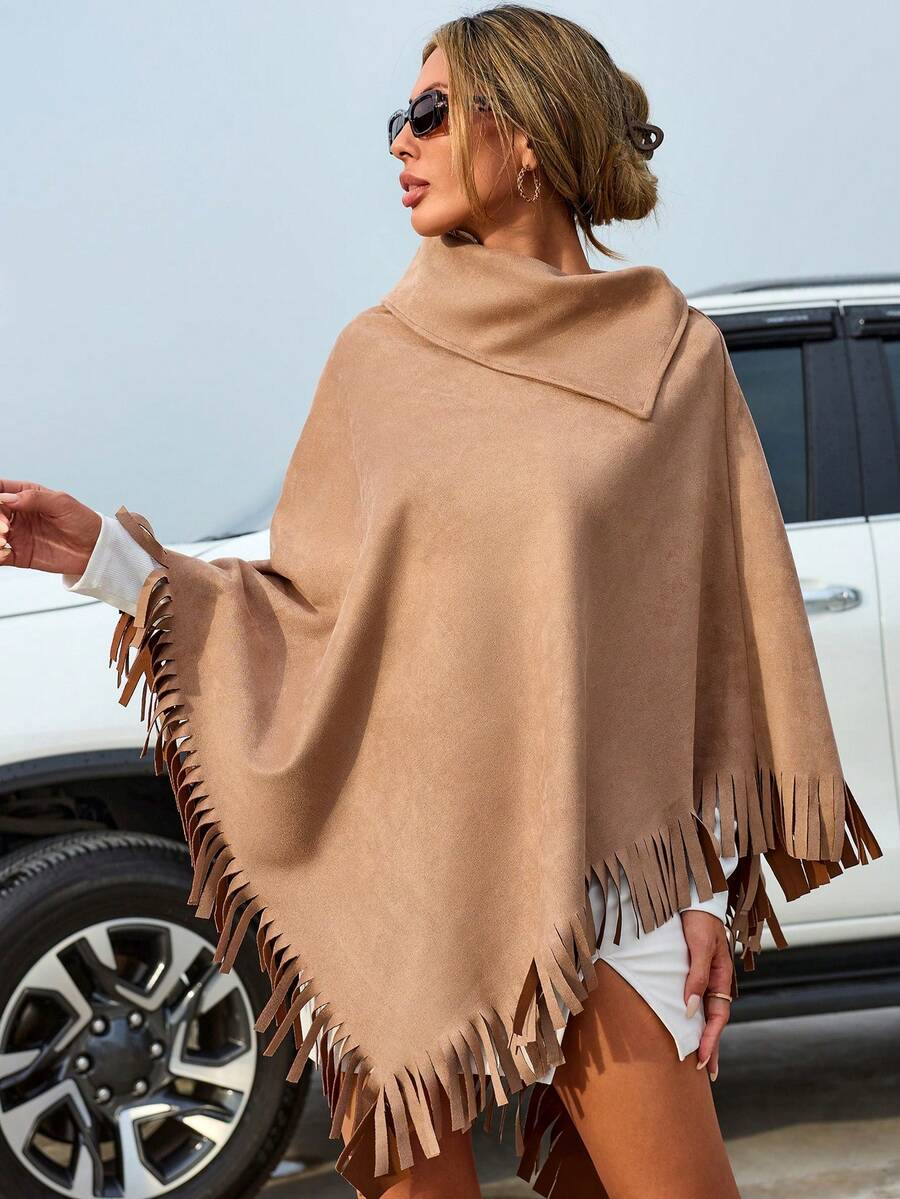 EURMUSE Solid Fringe Trim Asymmetrical Hem Cape Coat - Camel - View 1