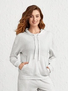 Ocili 袋鼠口袋落肩袖抽繩連帽休閒服上裝 - 灰色 - 查看 8