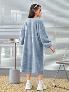 SHEIN Cô gái Tween Thư được vá Thả vai Teddy Đầm - Màu xanh lam - Xem 2