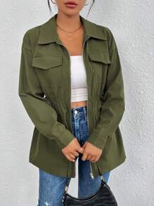 SHEIN Essnce Flap Pocket Drop Shoulder Zipper Coat - Army Green - View 5