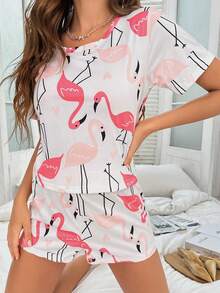 火烈鳥圖案T恤和短褲睡衣套裝 - 彩色 - 查看 5
