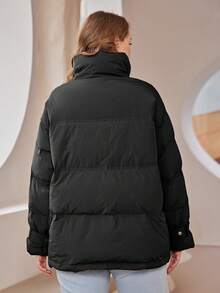 Astrid Plus Zip Up Snap Button Patched Detail Down Coat - Black - View 2