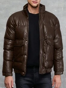 SHEIN Cottnline Men Flap Pocket Puffer Coat - Coffee Brown - View 4