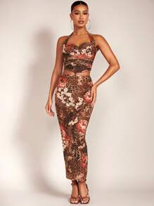 SHEIN BAE Leopard & Floral Print Pencil Skirt - Brown - View 4