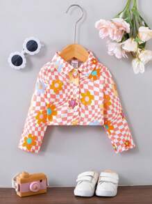女嬰棋盤格和印花前紐扣短款襯衫 - 橘色 - 查看 1