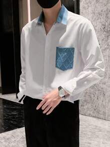 Manfinity Hypemode 男士對比色拼接口袋鈕領長袖襯衫 - 白色 - 查看 1