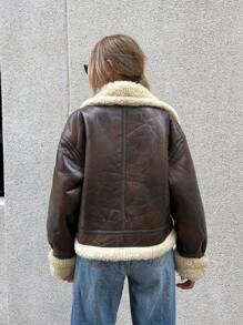 GENKIRA Teddy Lined PU Leather Jacket Faux Leather Aviator Jacket With Borg Lining  - Brown - View 2