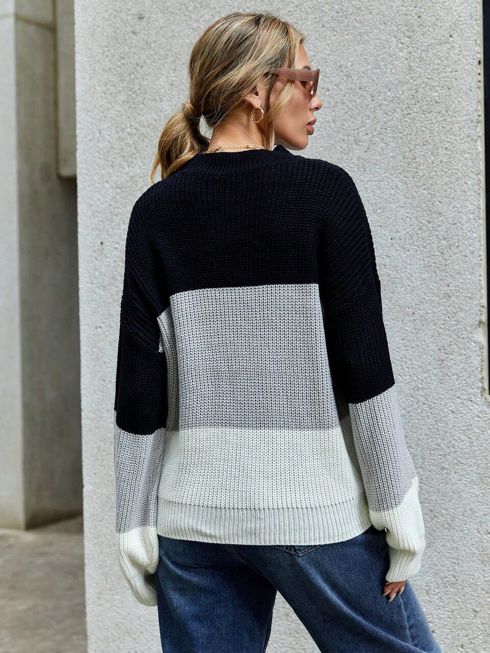 Color Block Drop Shoulder Knit Pullover Fall Winter Sweater