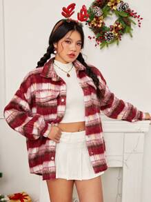 SHEIN EZwear 秋冬格纹印花落肩翻盖口袋贴布细节大衣 - 彩色 - 查看 4
