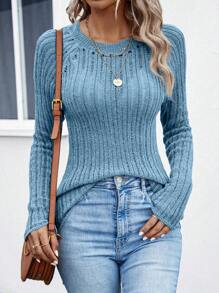 SHEIN LUNE Jersey unicolor de manga raglán tejido de canalé - Neblina azul - Ver 5