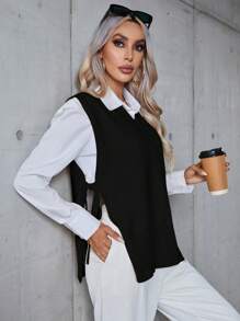 SHEIN Privé Split Knot Side Sweater Vest Without Blouse, Fall And Winter, Casual, Blackand, White - Black - View 5