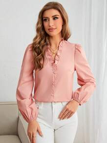 SHEIN Frenchy Frill Trim Lantern Sleeve Blouse - Pink - View 4