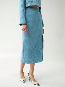 Chiquease High Waist Split Thigh Tweed Skirt - Blue - View 5