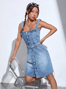 SHEIN EZwear Flap Detail Pocket Side Cami Denim Dress - Medium Wash - View 3
