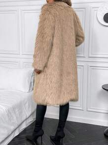 SHEIN Clasi Lapel Neck Open Front Fuzzy Coat - Khaki - View 2