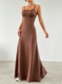 SHEIN EZwear Solid Cami Floor Length Dress - Brown - View 3