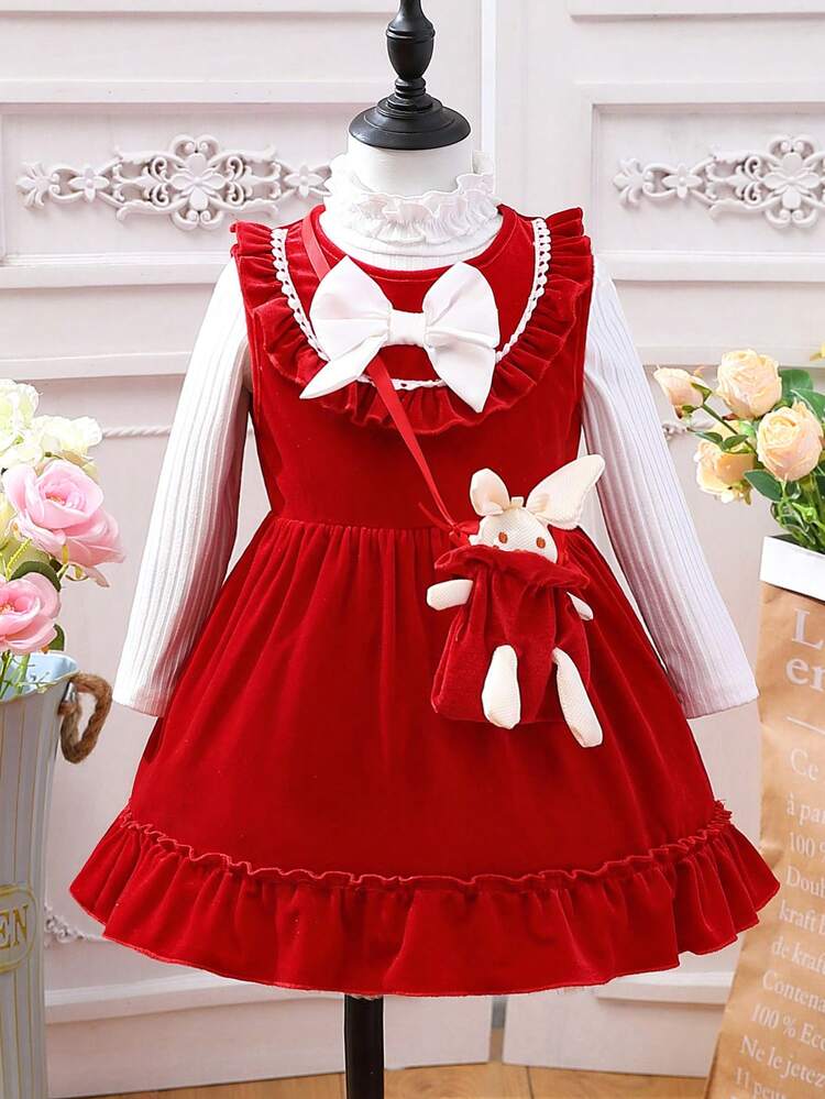 Baby Girl Ruffle Trim Bow Front Dress & Tee & Bag