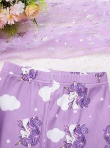 Young Girl Purple Cloud & Unicorn Printed Long Sleeve Top With Long Pants Snug Fit Pajama Set - Mauve Purple - View 5