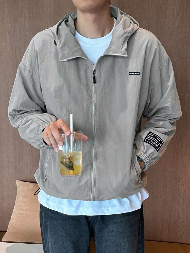 Men Letter Graphic Patched Detail Drop Shoulder Drawstring Hem Hooded Jacket