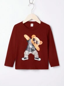 SHEIN 年輕男孩卡通圖案T恤 - 酒紅色 - 查看 1