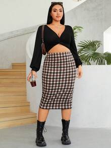 SHEIN EZwear 大碼前扭結燈籠袖短款T恤 - 黑色 - 查看 4