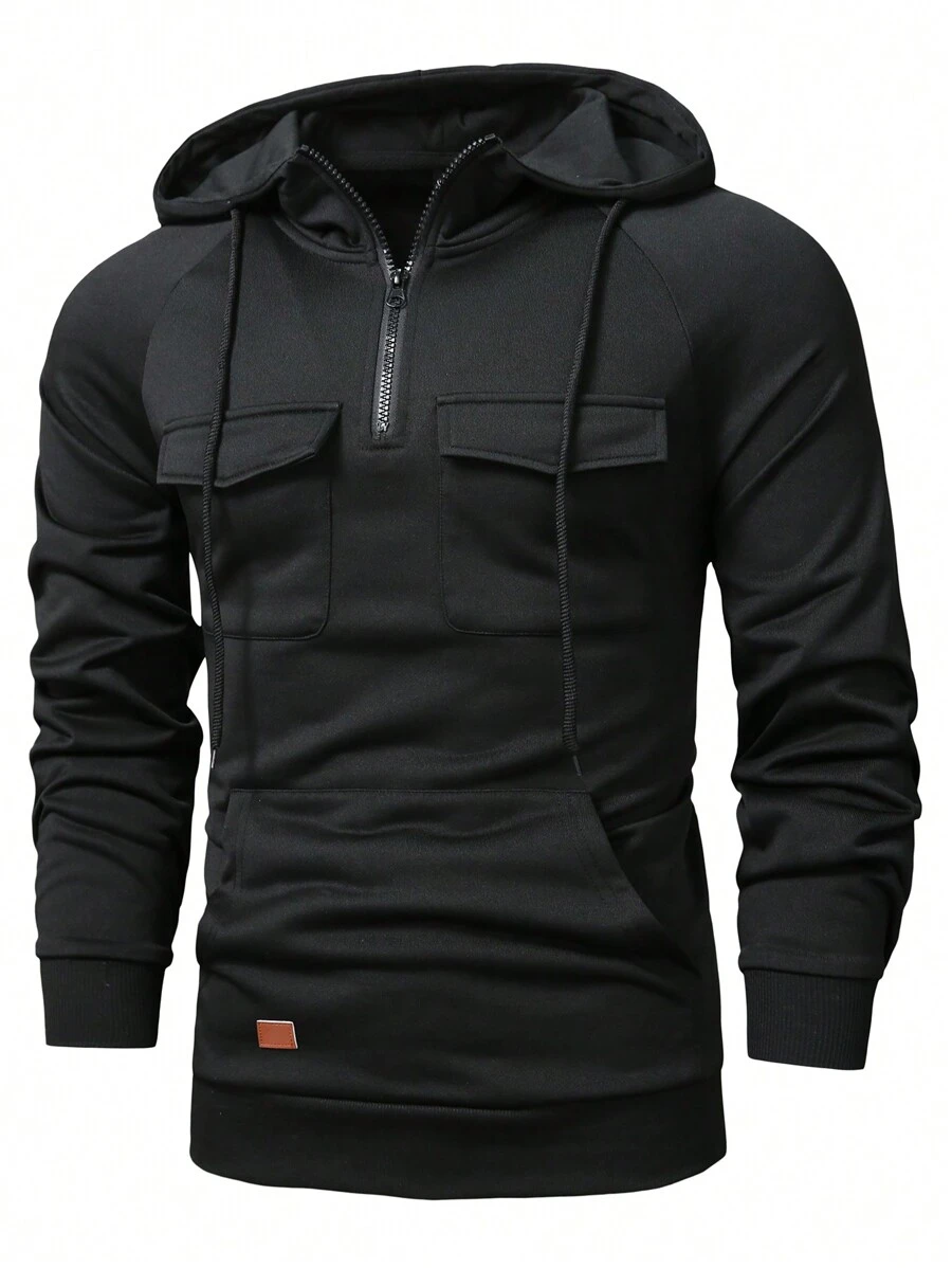Manfinity Homme Men Flap Pocket Raglan Sleeve Drawstring Hoodie Work Long Sleeve Hoodie, For Friends, Husband, Boyfriend Gifts - Black - View 1