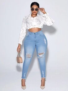 SHEIN SXY Plus High Waist Ripped Raw Hem Skinny Jeans - Light Wash - View 6