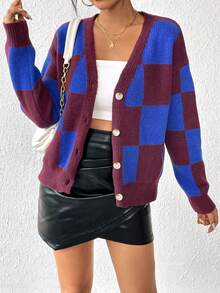 SHEIN Essnce Hoa văn kẻ sọc Thả vai Áo len Mở - Đỏ - Xem 3