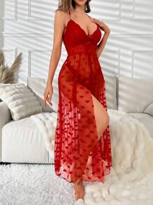 Heart Print Mesh Cami Nightdress Long Dress - Red - View 3