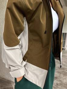 DAZY 撞色拉鏈開襟抽繩連帽夾克 - 棕色 - 查看 8