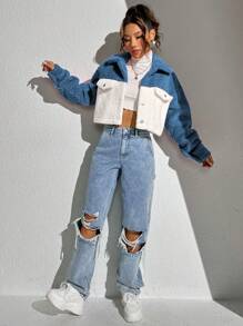 SHEIN Unity Hai âm Thả vai Mùa vụ Áo Teddy Jackets - Màu xanh lam - Xem 5