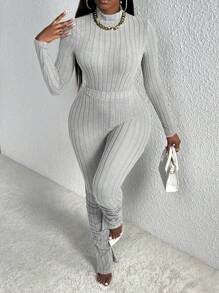 Slaydiva Slayr Casual Home Small Turtleneck Long-Sleeved Rib Knitted T-Shirt And Slit Pleated Trousers Grey Brushed Ribbeds Women's Bodycon Two-Piece Set - Light Grey - View 4