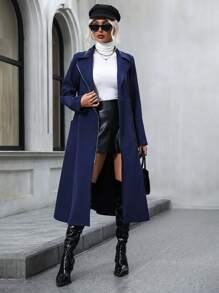 SHEIN LUNE Zip Up Slant Pocket Longline Coat - Navy Blue - View 3