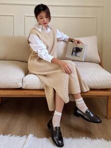 DAZY Split Hem Sleeveless Sweater Dress Without Blouse,Fall Clothes - Khaki - View 3