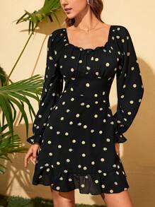 Soleia Floral Print Ruffle Hem Dress - Black - View 3