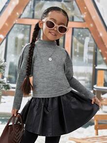 春季秋季女孩休閒羊腿袖立領毛衣 - 灰色 - 查看 4